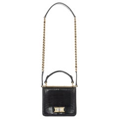 Vintage CHANEL black lizard leather top handle flap turn lock gold chain shoulder bag