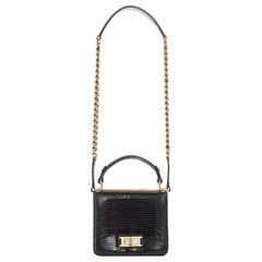 CHANEL black lizard leather top handle flap turn lock gold chain shoulder bag