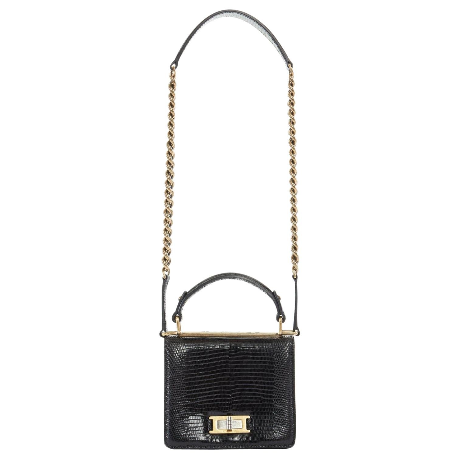CHANEL black lizard leather top handle flap turn lock gold chain shoulder bag