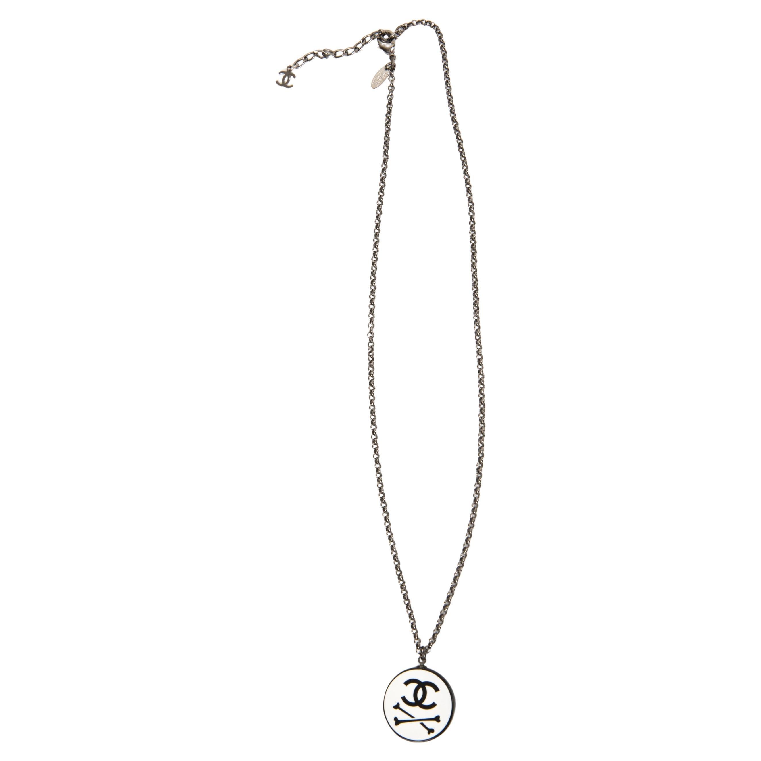 Chanel Black Logo and Bones Necklace For Sale