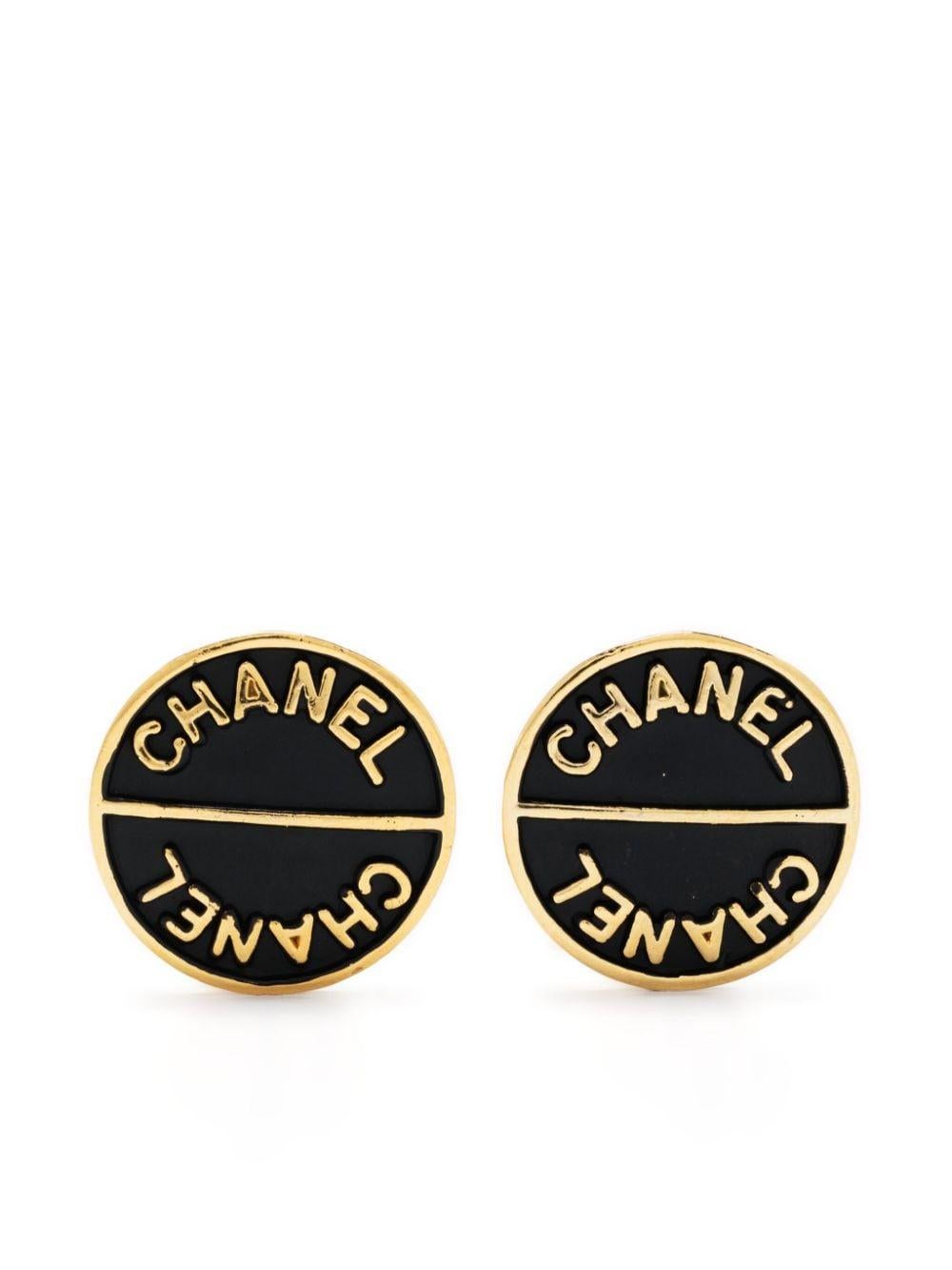  Chanel Black Logo Clip-On Earrings For Sale 1