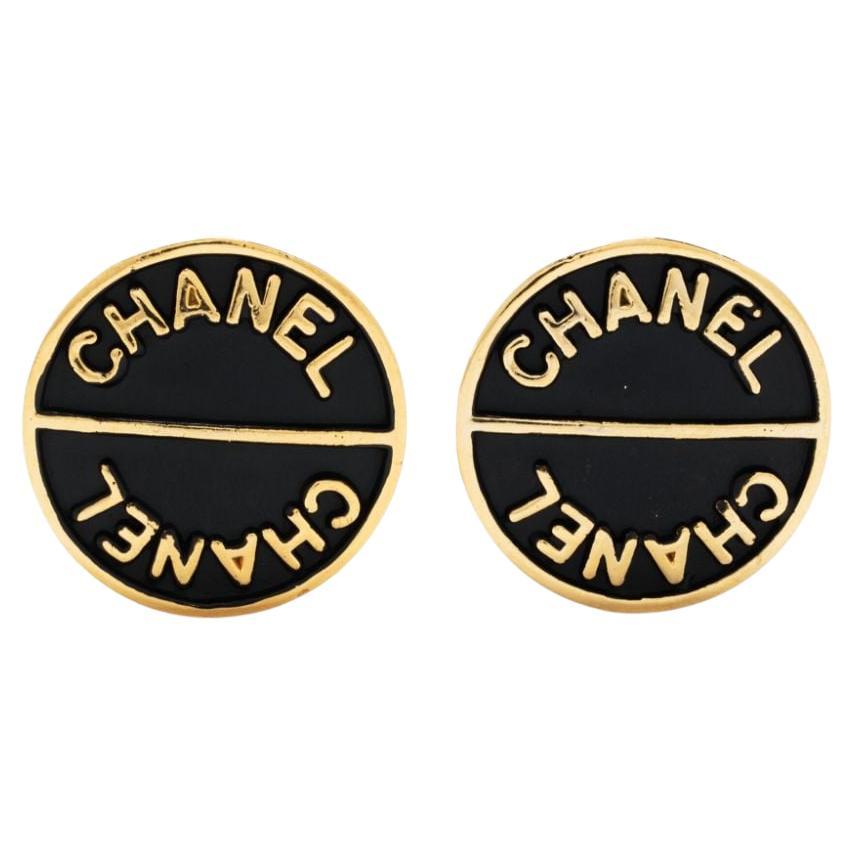  Chanel Black Logo Clip-On Earrings For Sale