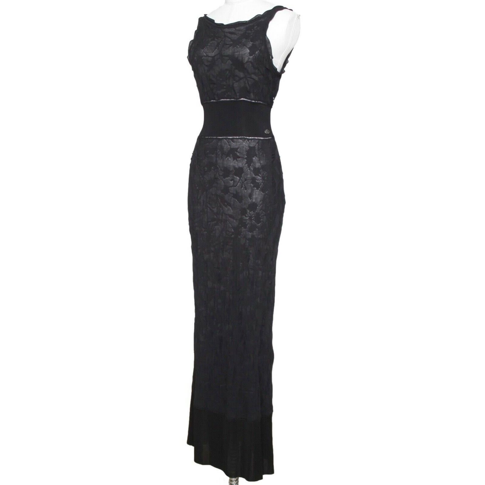 CHANEL Black Long Knit Dress Maxi Floral Sz 38 Spring 2011 11P In Excellent Condition In Hollywood, FL
