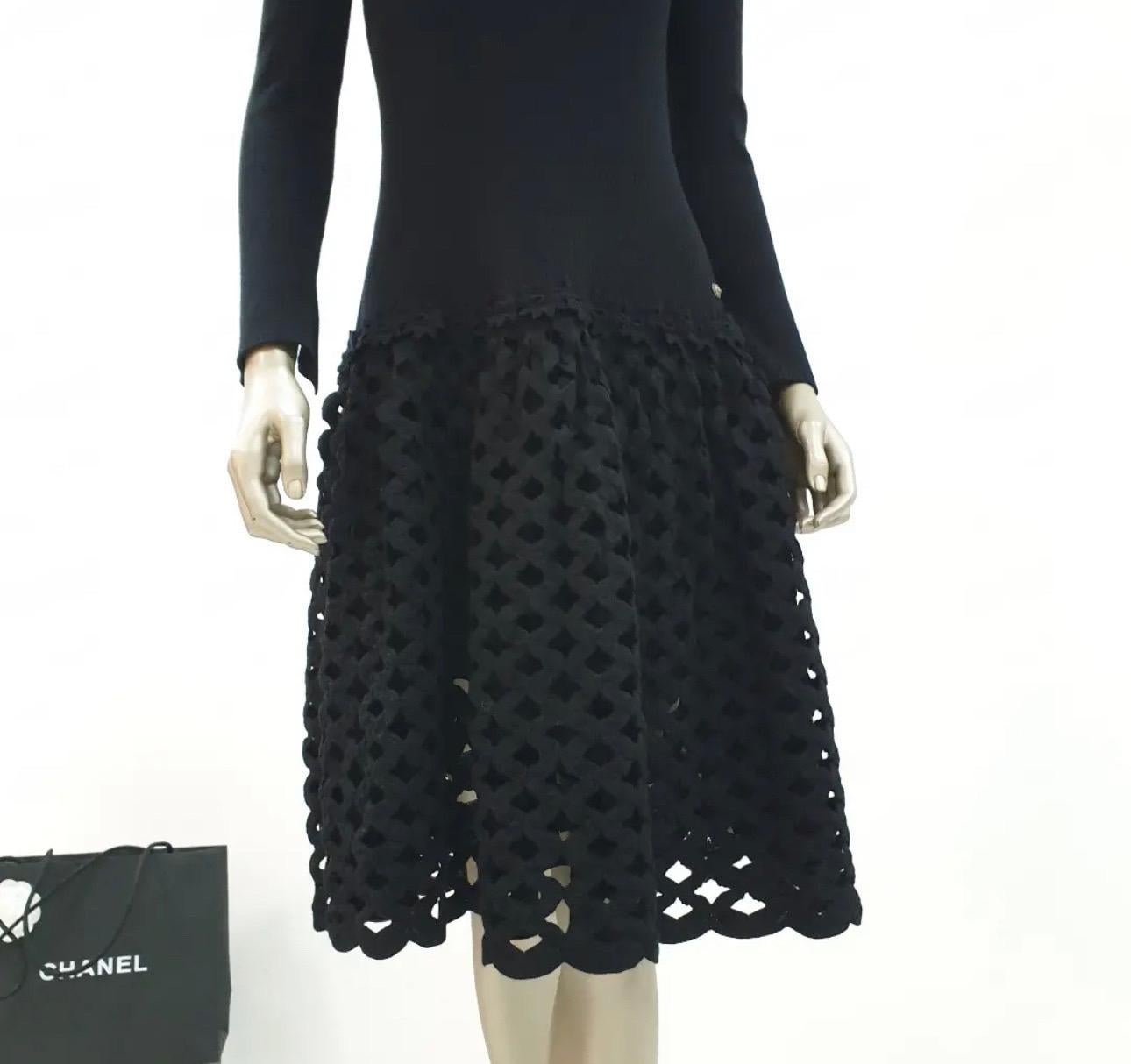 Chanel Black Long Sleeve Perforated Midi Dress In Excellent Condition For Sale In Krakow, PL