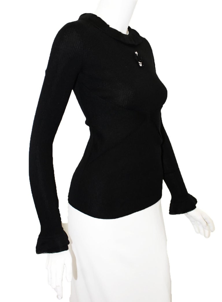 Chanel Black Long Sleeve Ruffled Collar Ribbed Knit Top at 1stDibs