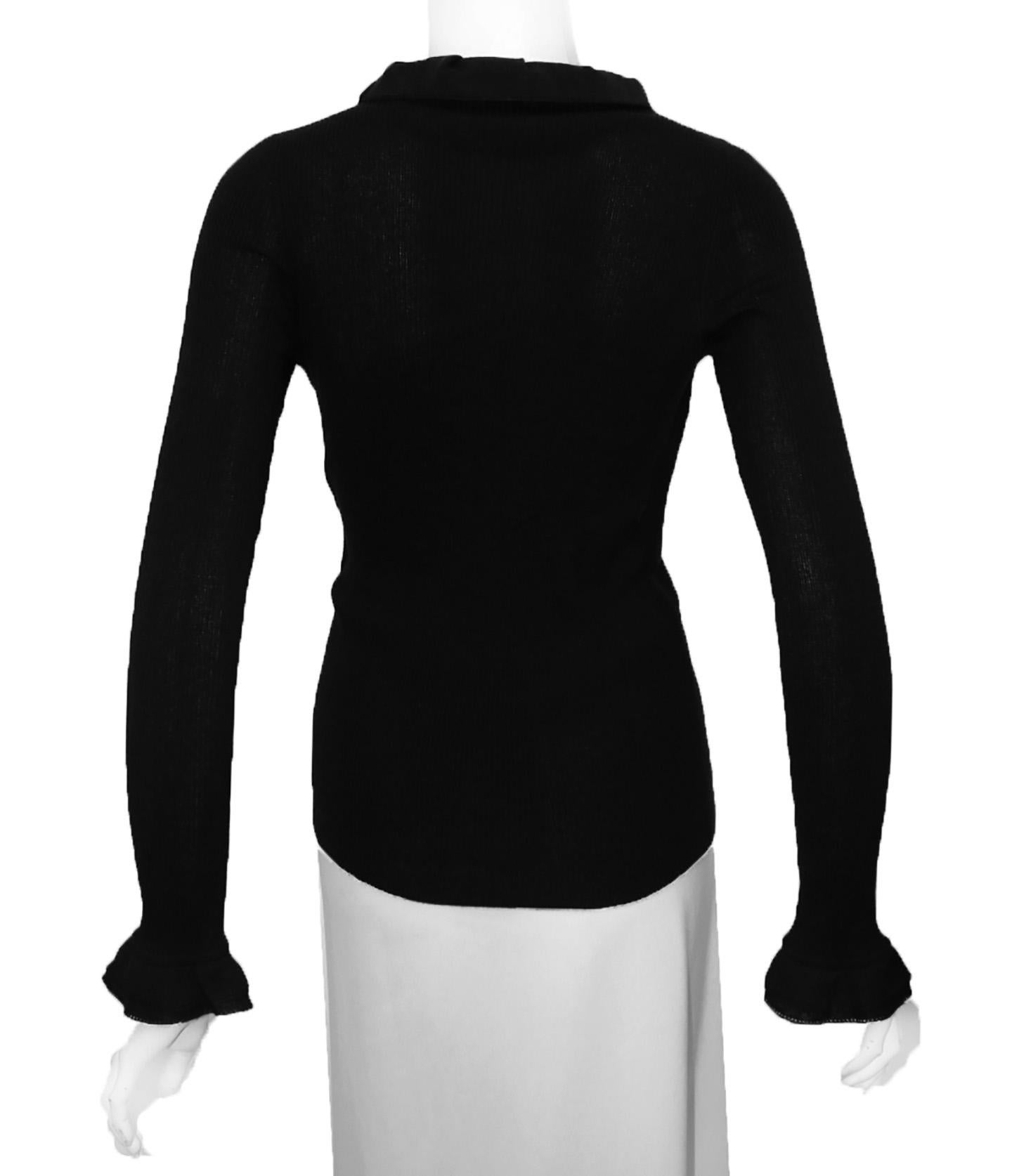 Chanel Black Long Sleeve Ruffled Collar Ribbed Knit Top In Excellent Condition In Palm Beach, FL