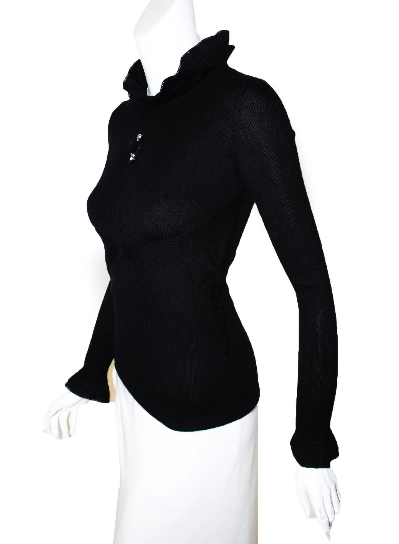 Women's Chanel Black Long Sleeve Ruffled Collar Ribbed Knit Top