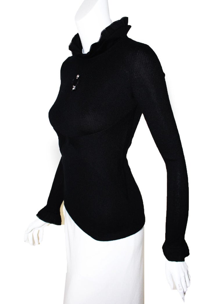 Chanel Black Long Sleeve Ruffled Collar Ribbed Knit Top at 1stDibs