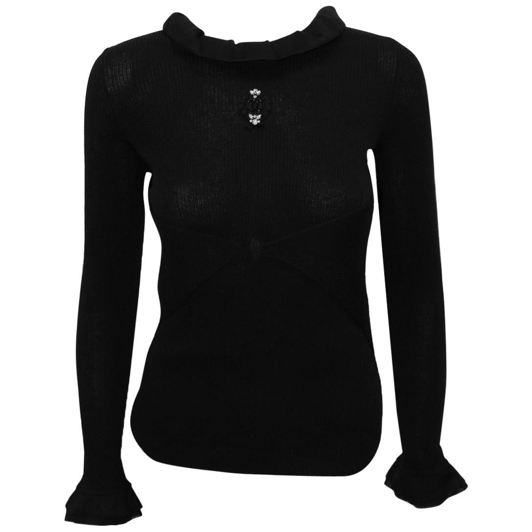 Chanel Black Long Sleeve Ruffled Collar Ribbed Knit Top