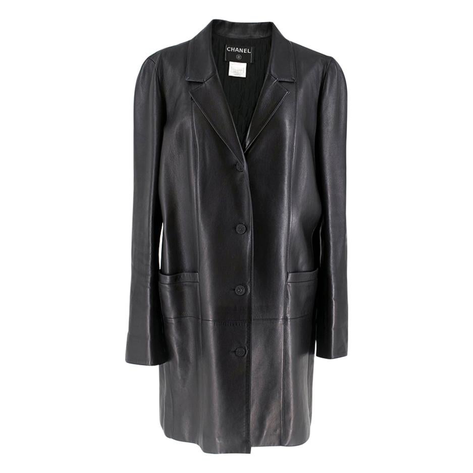Chanel Black Longline Lambskin Leather Jacket W/ Embellished Buttons SIZE L