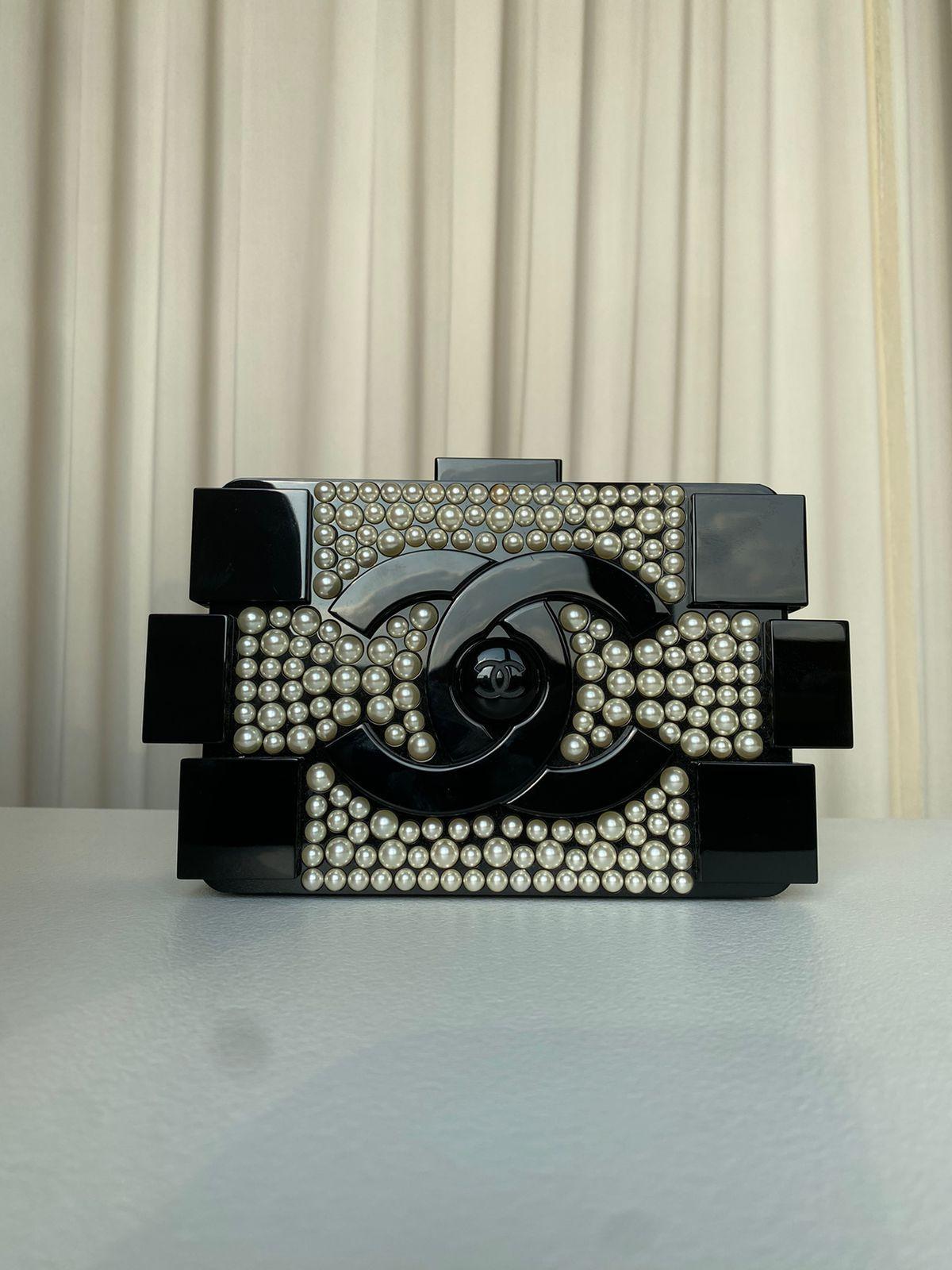 Chanel  Black Lucite and White Pearl Lego Brick Clutch Black Hardware  5