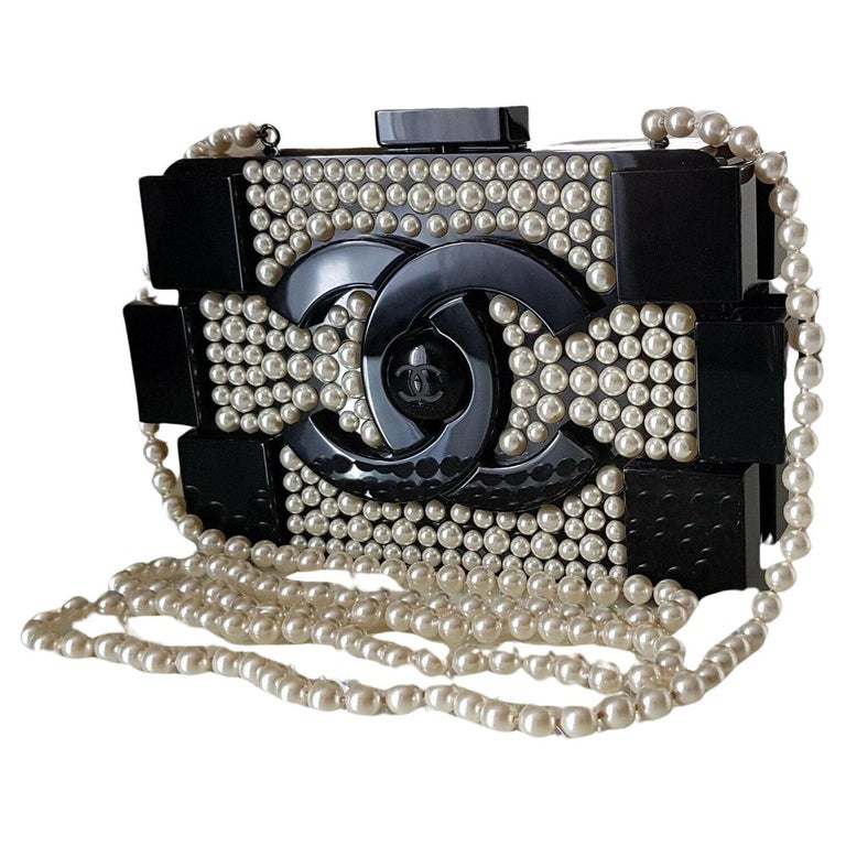Chanel Black Lucite and White Pearl Lego Brick Clutch Black Hardware For  Sale at 1stDibs