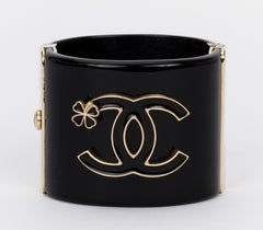 Chanel Black Lucite Hinged Oval CC Oval Cuff Bracelet with Box
