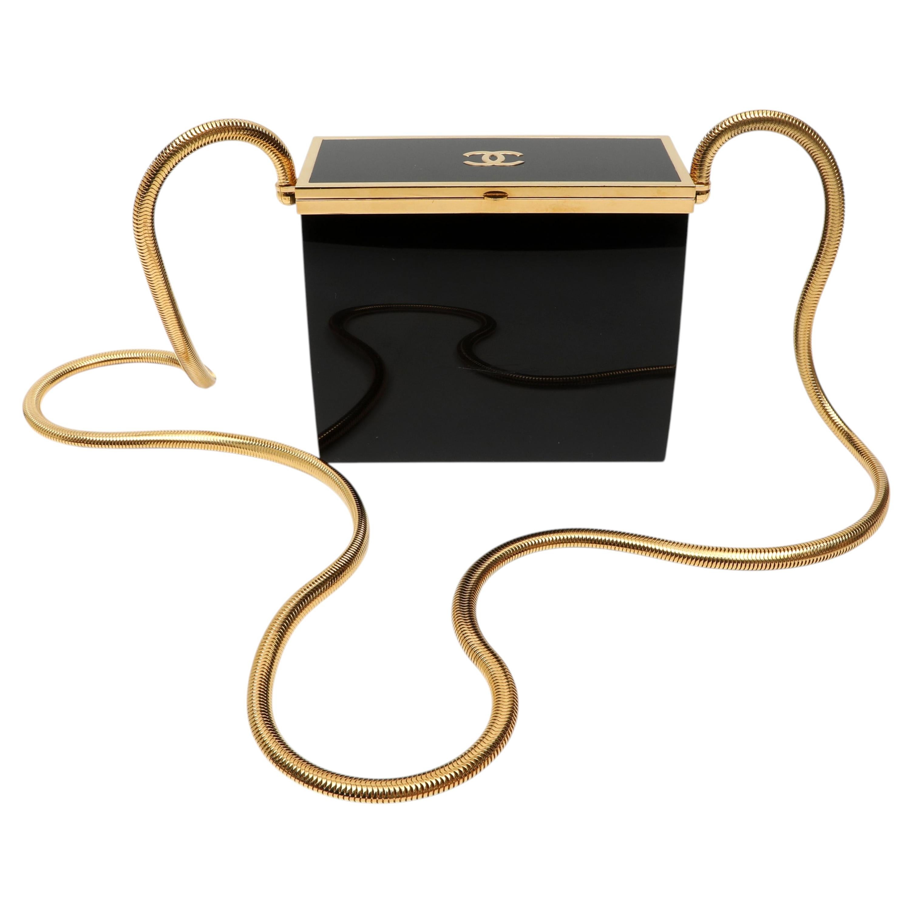 Chanel Schwarz Lucite Mini Box Minaudière Tasche Snake Chain Strap