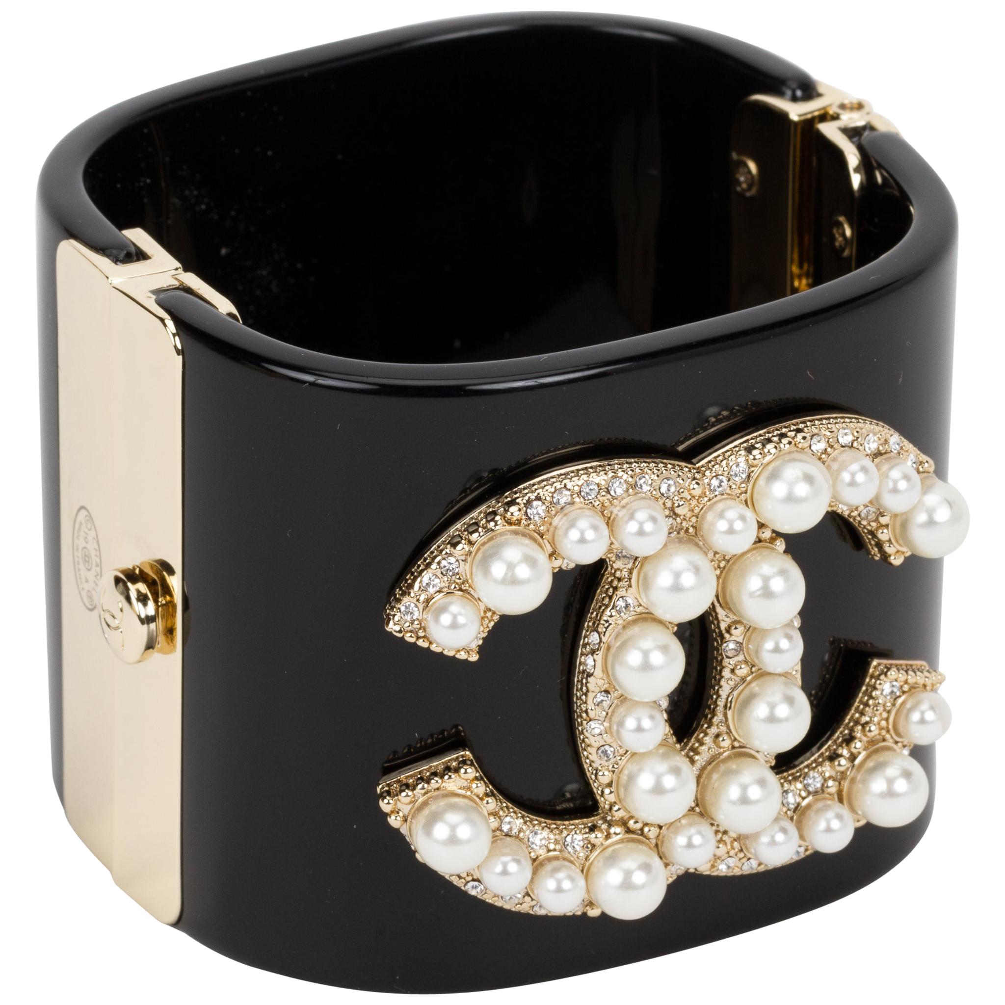 Chanel Black Lucite Pearl CC Logo Cuff at 1stDibs