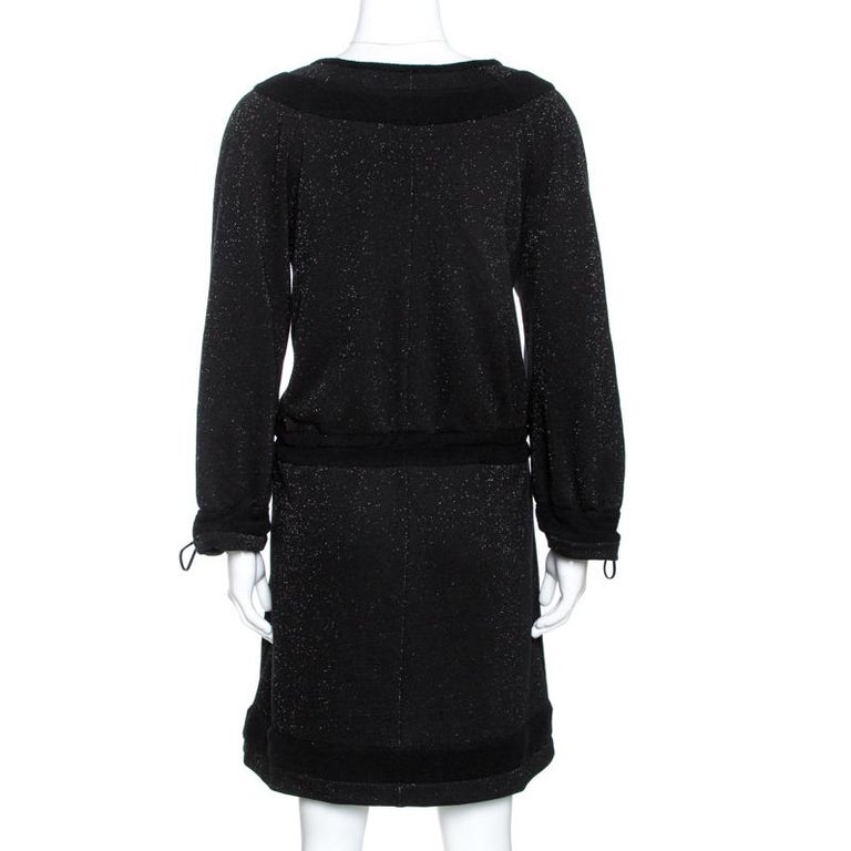 Chanel Black Lurex Knit Drawstring Waist Long Sleeve Dress L at