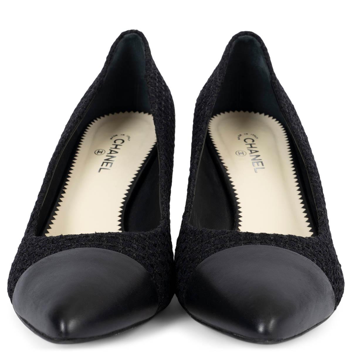 100% authentic Chanel pointed-toe pumps in black lurex tweed featuring signature black leather cap toe and silver-tone CC metal detail on the heel. Have been worn once and are in excellent condition. 

Measurements
Imprinted Size	40.5
Shoe