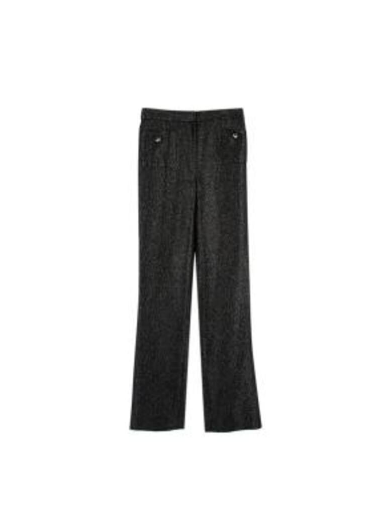 Chanel Black Shimmer Wool, Silk & Lurex Trousers 
 

 - Shimmery black straight leg trousers with logo button detail
 - Silk lined with wool, silk and lurex blend outer
 - 2 small front pockets fastened by black shimmery resin buttons with silver