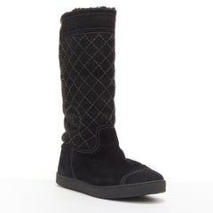 CHANEL black matelasse diamond quilt stitch suede CC logo shearling boots EU38