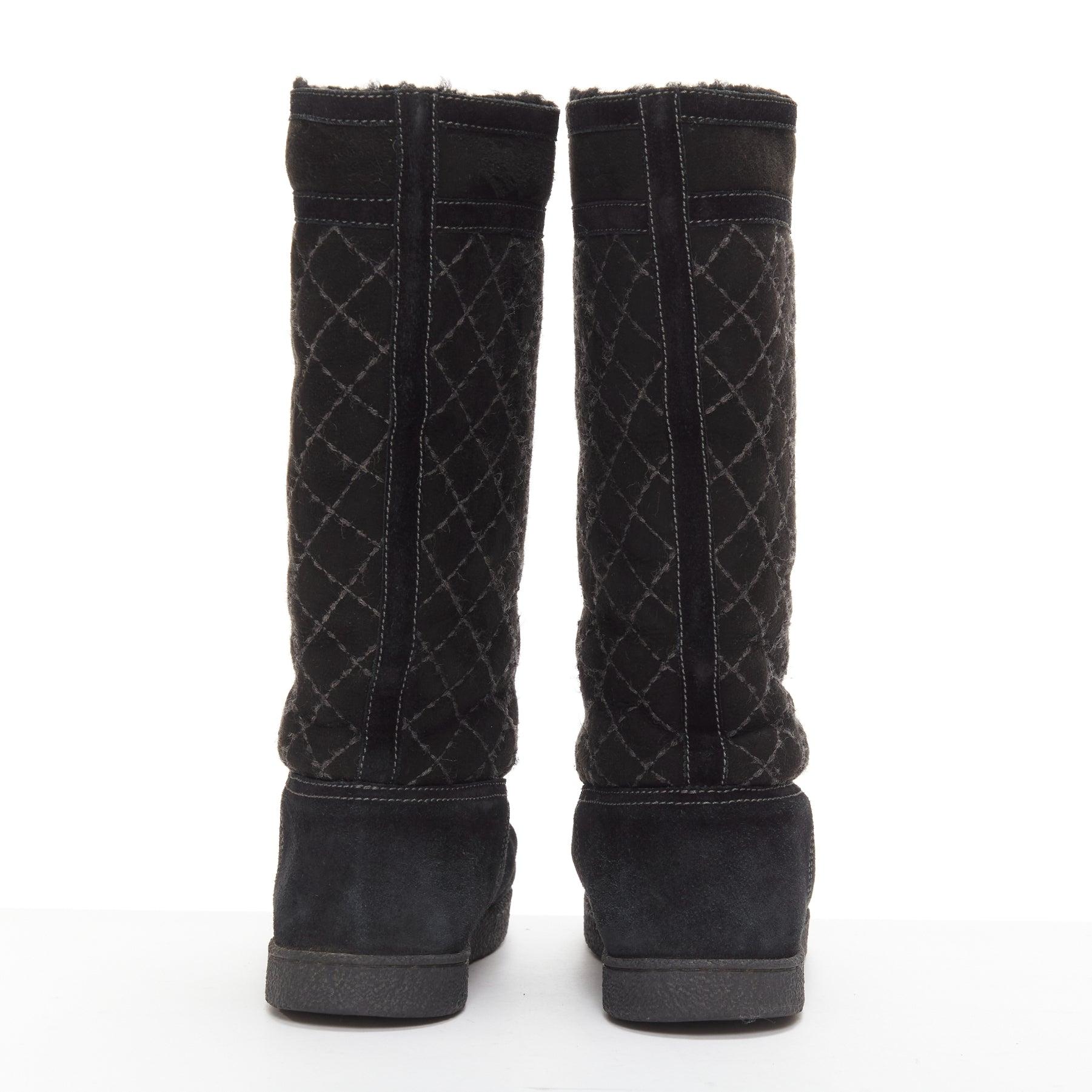 Women's CHANEL black matelasse diamond quilt stitch suede CC logo shearling boots EU38