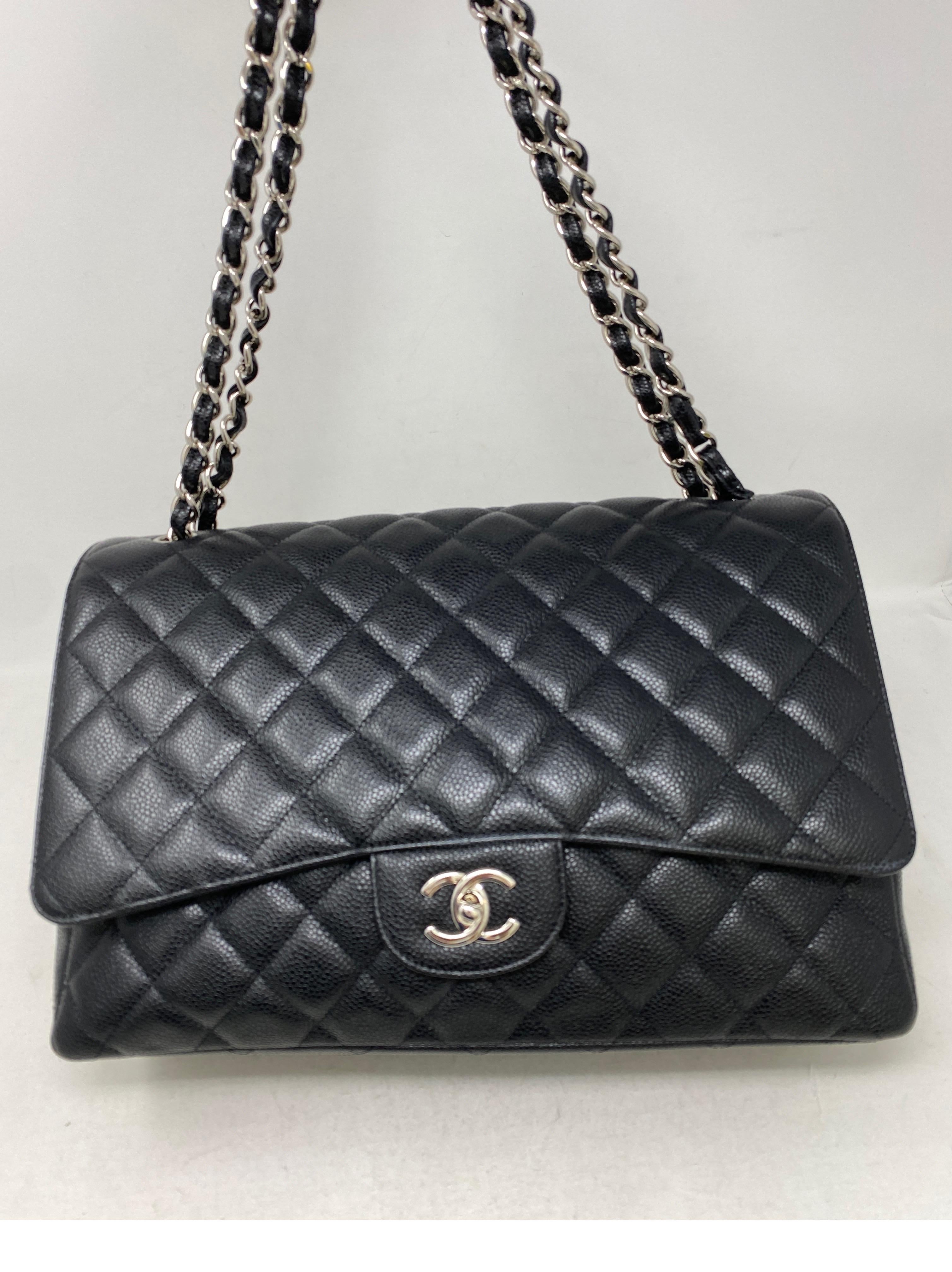 Chanel Black Maxi Single Flap Bag. Silver hardware. Caviar black leather. Most wanted Maxi size. Full set. Includes authenticity card and dust cover. Guaranteed authentic. 