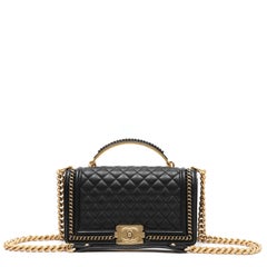 Chanel Black Medium Boy Bag Quilted Calfskin Leather Gold Interwoven Chain