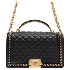 Chanel Black Medium Boy Bag Quilted Calfskin Leather Gold Interwoven Chain