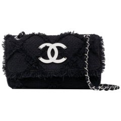 Chanel Black Medium Crochet Nature Tweed Fringe Classic Flap Bag 