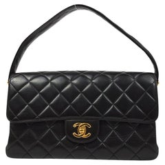 CHANEL Black Medium Lambskin Leather Gold Kelly Style Top Handle Shoulder Bag