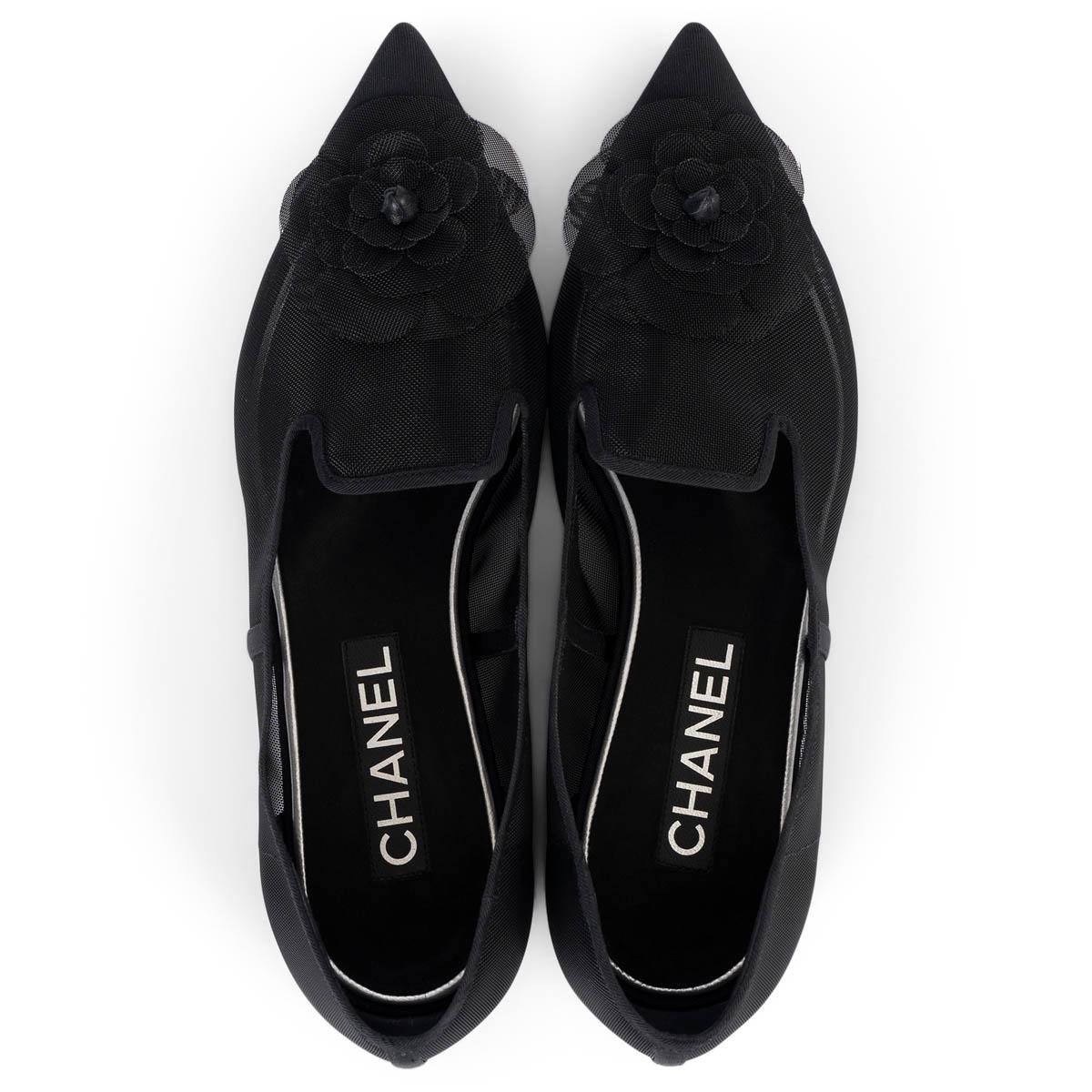 CHANEL black mesh 2019 19P CAMELLIA Ballet Flats Shoes 38.5 fit 38 For Sale 2