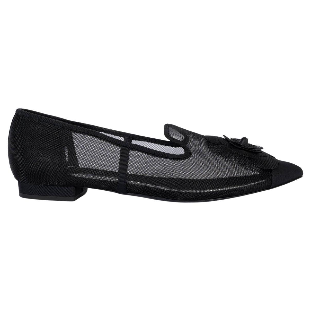 CHANEL black mesh 2019 19P CAMELLIA Ballet Flats Shoes 38.5 fit 38 For Sale