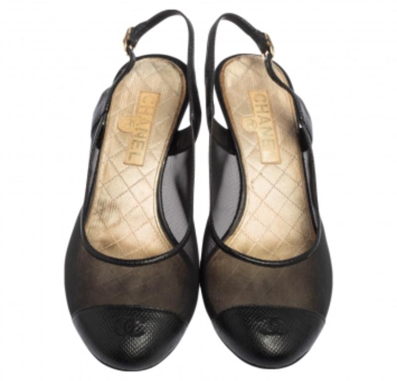 Women's Chanel Black Mesh And and Lizard CC Cap Toe Slingback Sandals Size 36.5