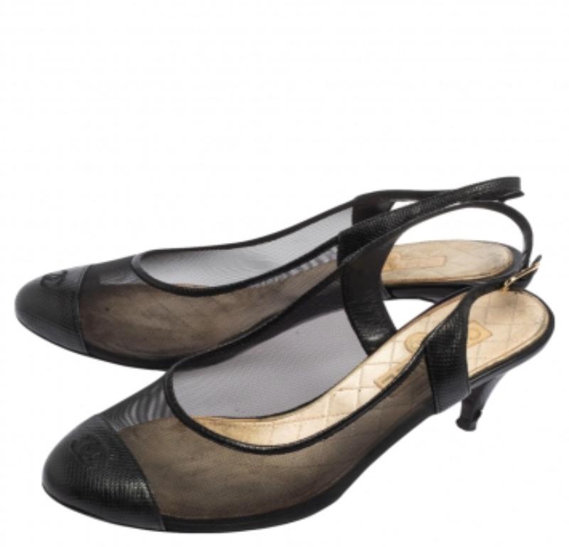 Chanel Black Mesh And and Lizard CC Cap Toe Slingback Sandals Size 36.5 1