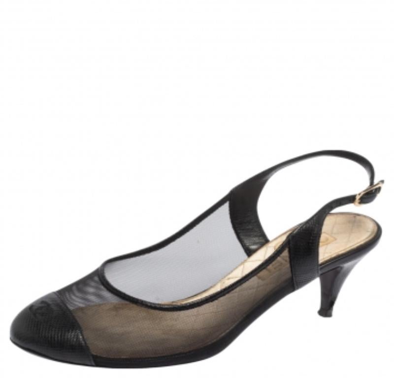 Chanel Black Mesh And and Lizard CC Cap Toe Slingback Sandals Size 36.5 3