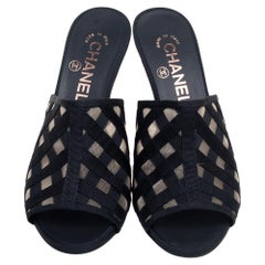 Chanel Black Mesh And Canvas Peep Toe Mules Sandals Size 37