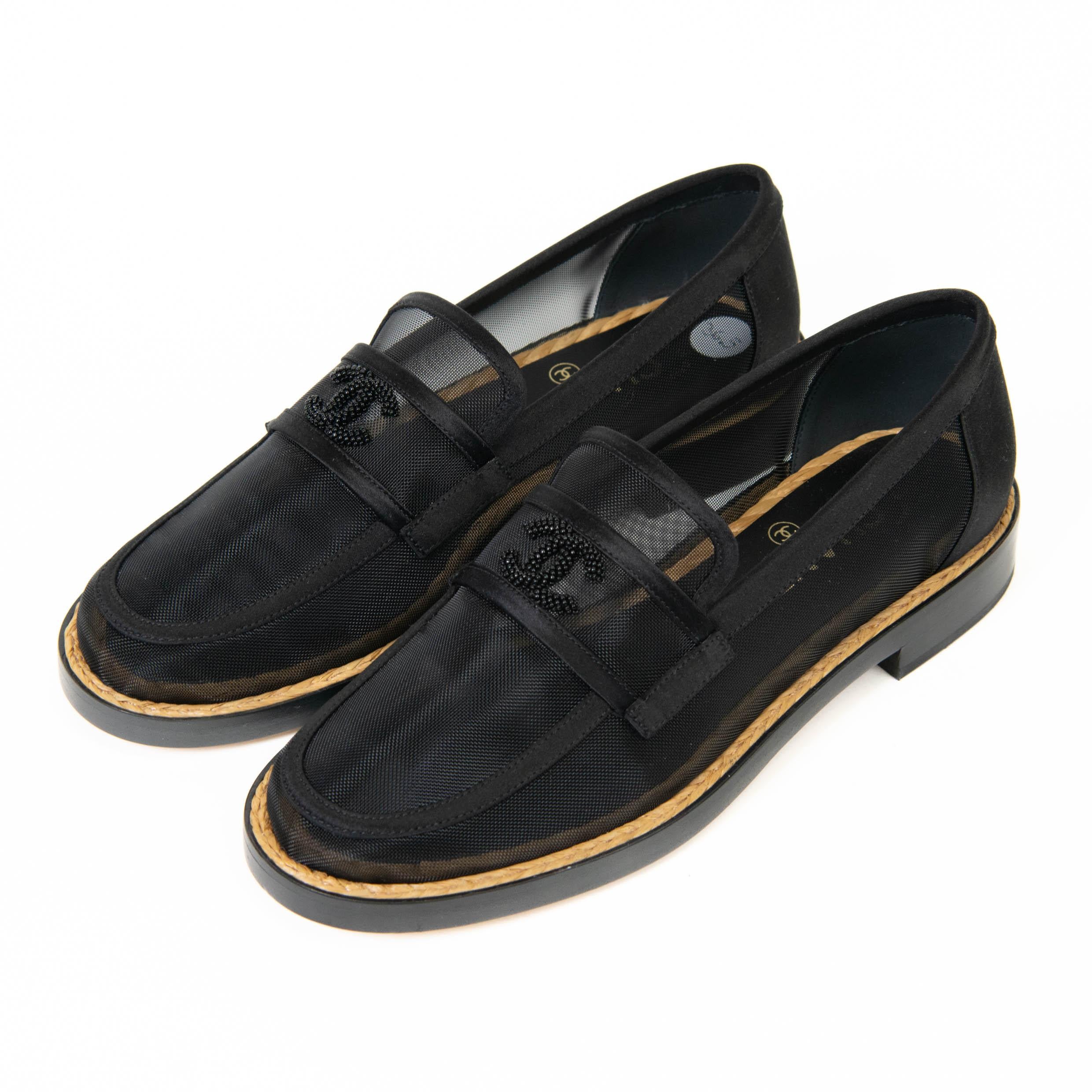 Women's or Men's Chanel Black Mesh and Satin Beaded CC Slip On Loafers Size 36.5