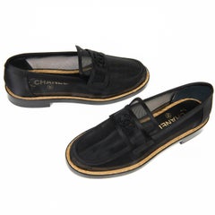 Chanel Black Mesh and Satin Beaded CC Slip On Loafers Size 36.5
