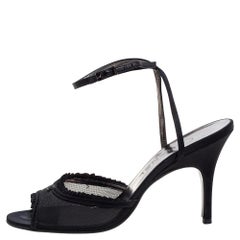 Chanel Black Mesh And Satin CC Open Toe Ankle Wrap Sandals Size 40