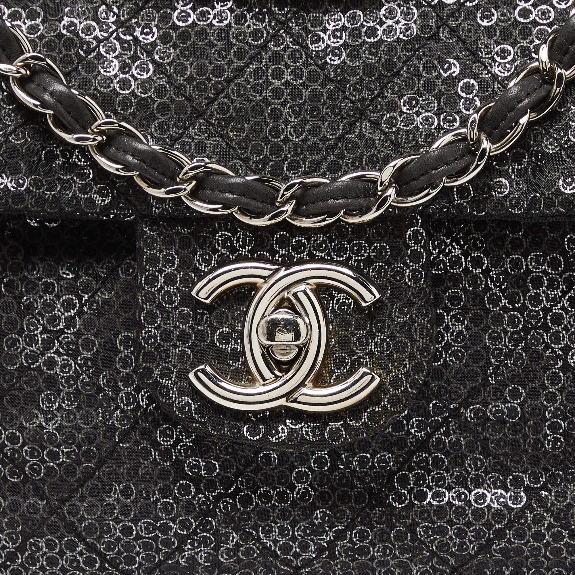 Chanel Black Mesh and Sequins Jumbo Classic Flap Bag For Sale 4