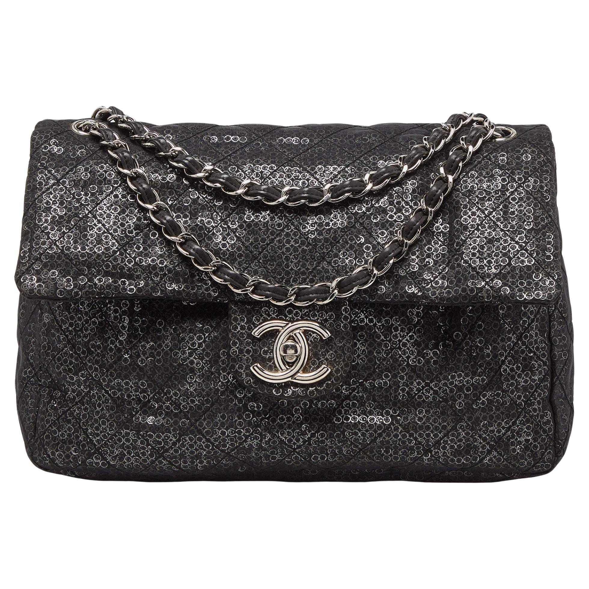 Chanel Black Mesh and Sequins Jumbo Classic Flap Bag