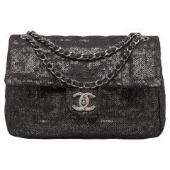 Chanel Black Mesh and Sequins Jumbo Classic Flap Bag