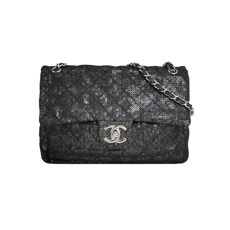 Chanel Black Mesh and Sequins Jumbo Maxi Classic Flap Silver Hardware 2008