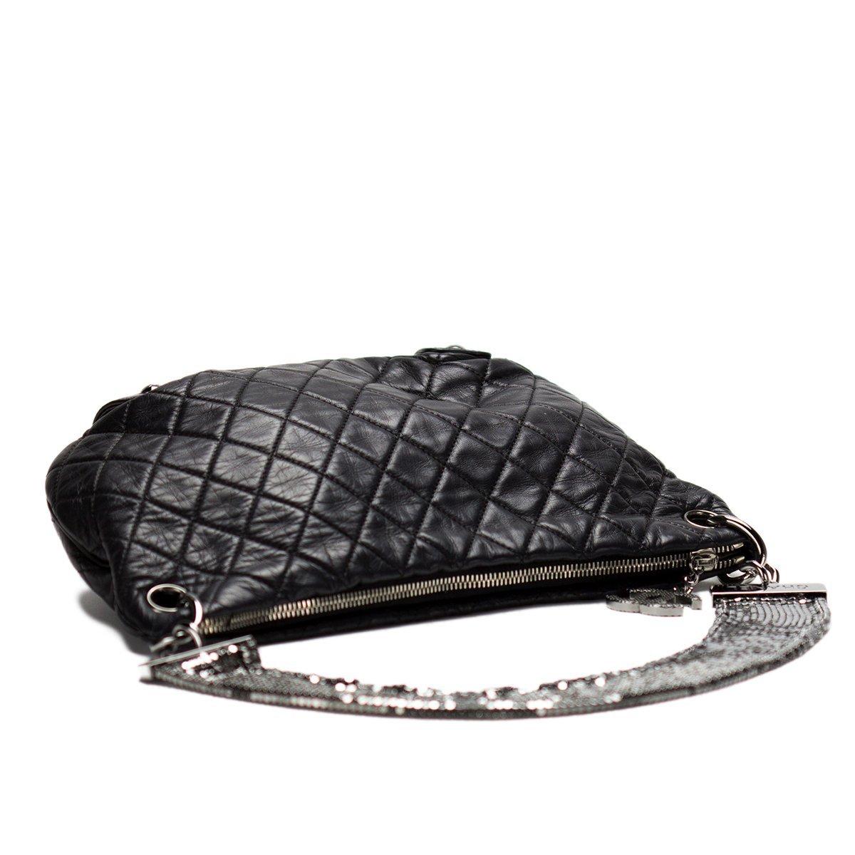 Chanel Black Mesh Chain Soft Lambskin Quilted Small Tote For Sale 1