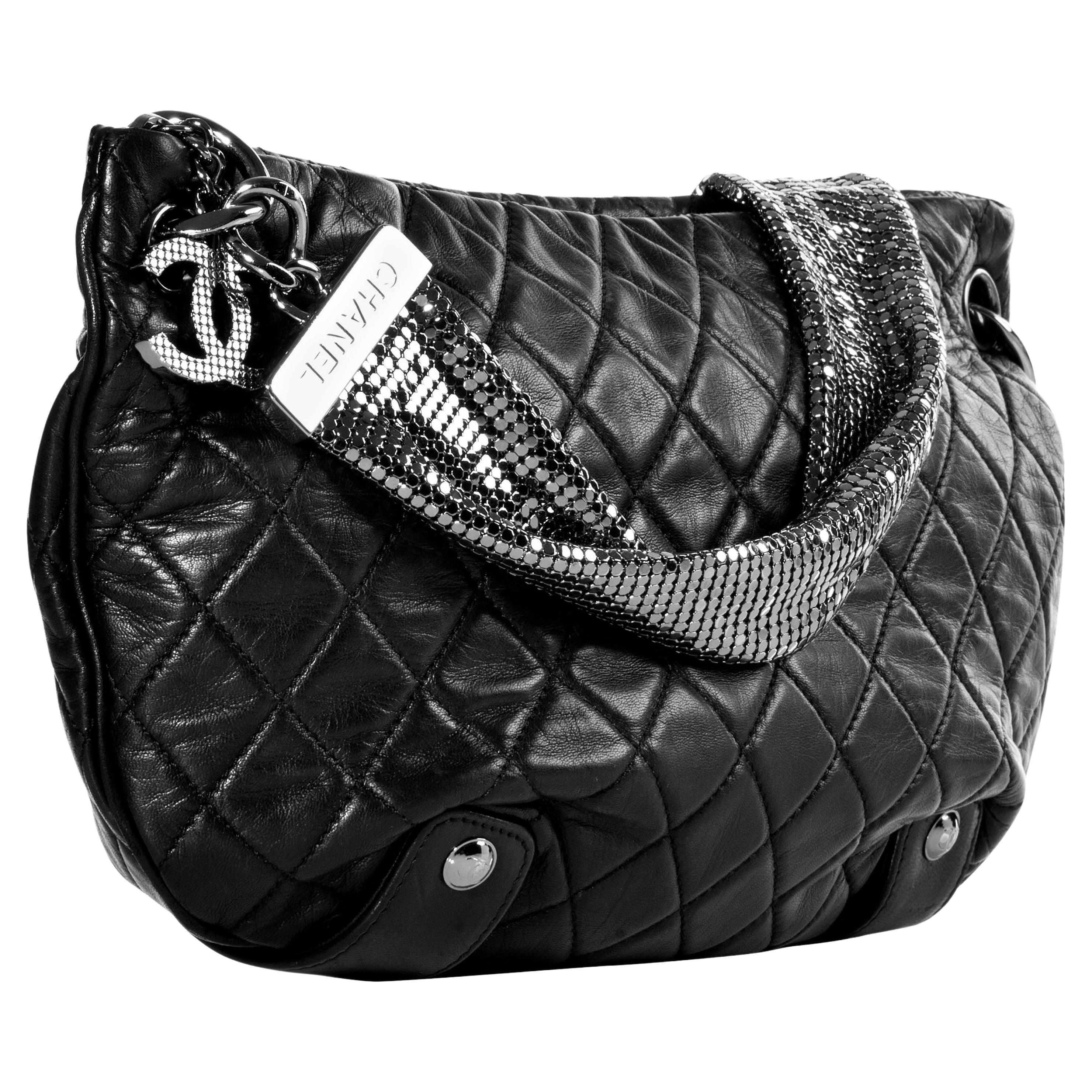 Chanel Black Mesh Chain Soft Lambskin Quilted Small Tote