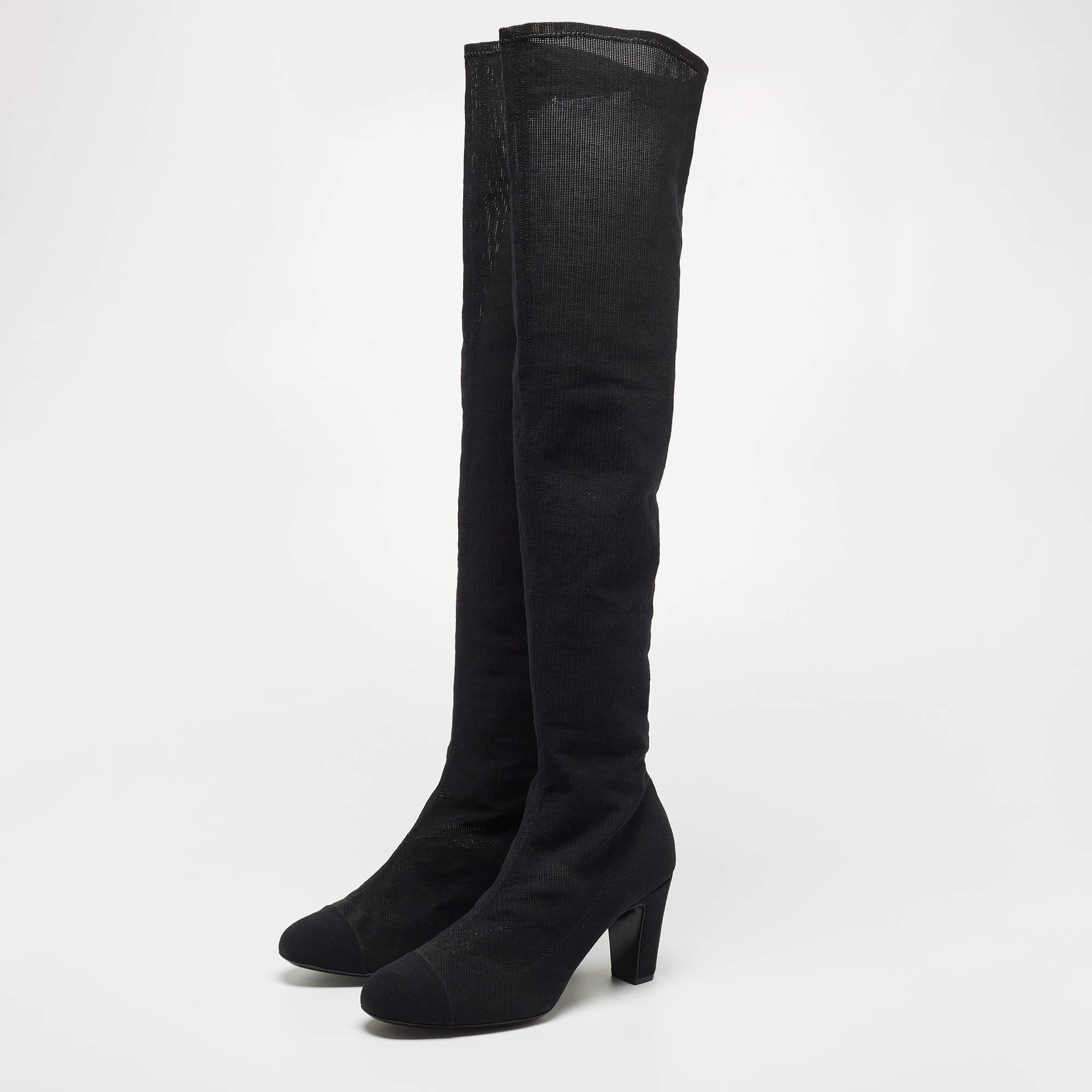 Women's Chanel Black Mesh Knee Length Boots 