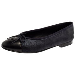 Chanel Black/ Metallic Blue Suede And Leather CC Cap Toe Ballet Flats Size 38.5