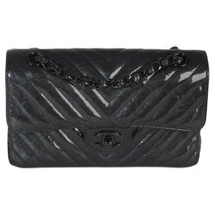 Chanel Black Metallic Chevron Crumpled Patent Small Classic Double Flap Bag
