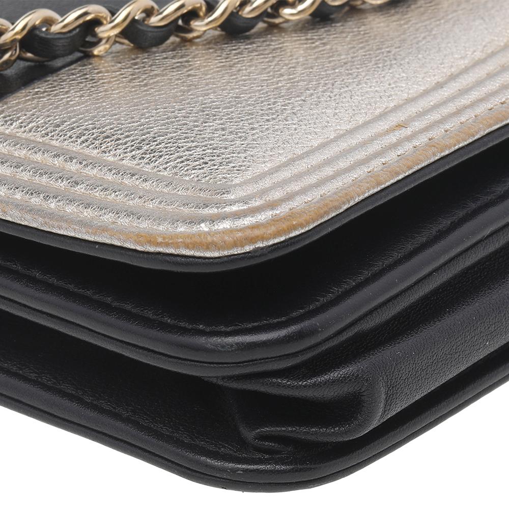 Chanel Black/Metallic Gold Leather Boy Wallet On Chain 5