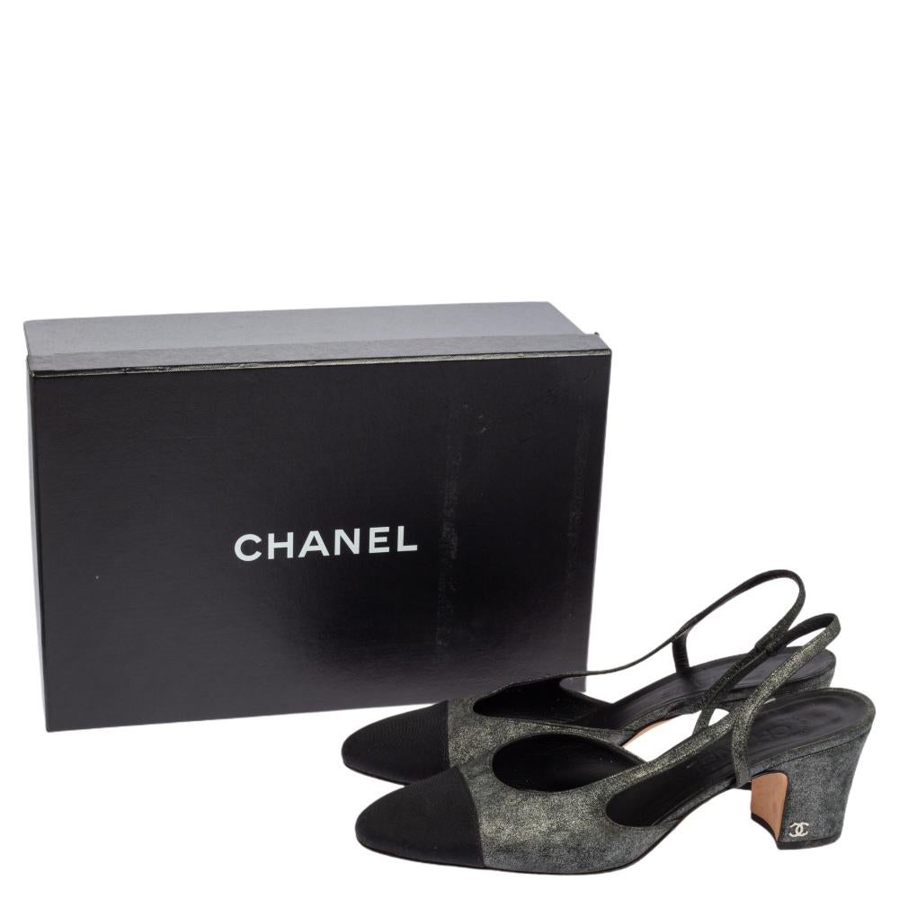 Chanel Black/Metallic Grey Suede and Fabric Cap Toe Slingback Sandals Size 40 1