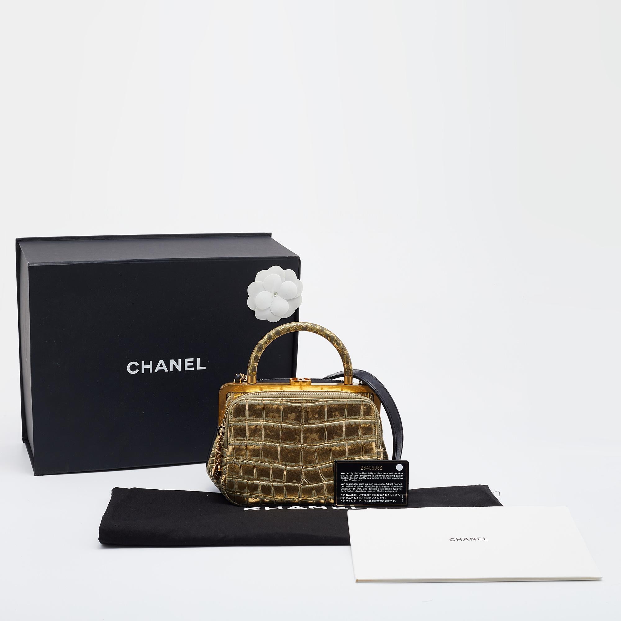 Chanel Black/Metallic Leather and Croc Embossed Small Kiss-lock Bag 4